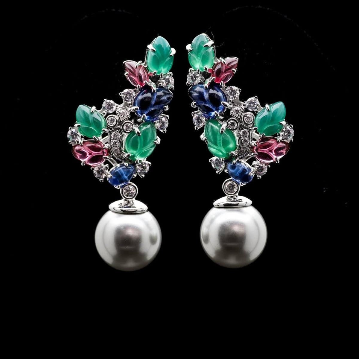 Omnia Leila Multicolor Floral Design Double Pearl Drop Earrings in 92.5 Silver with High-Quality Simulated Diamonds