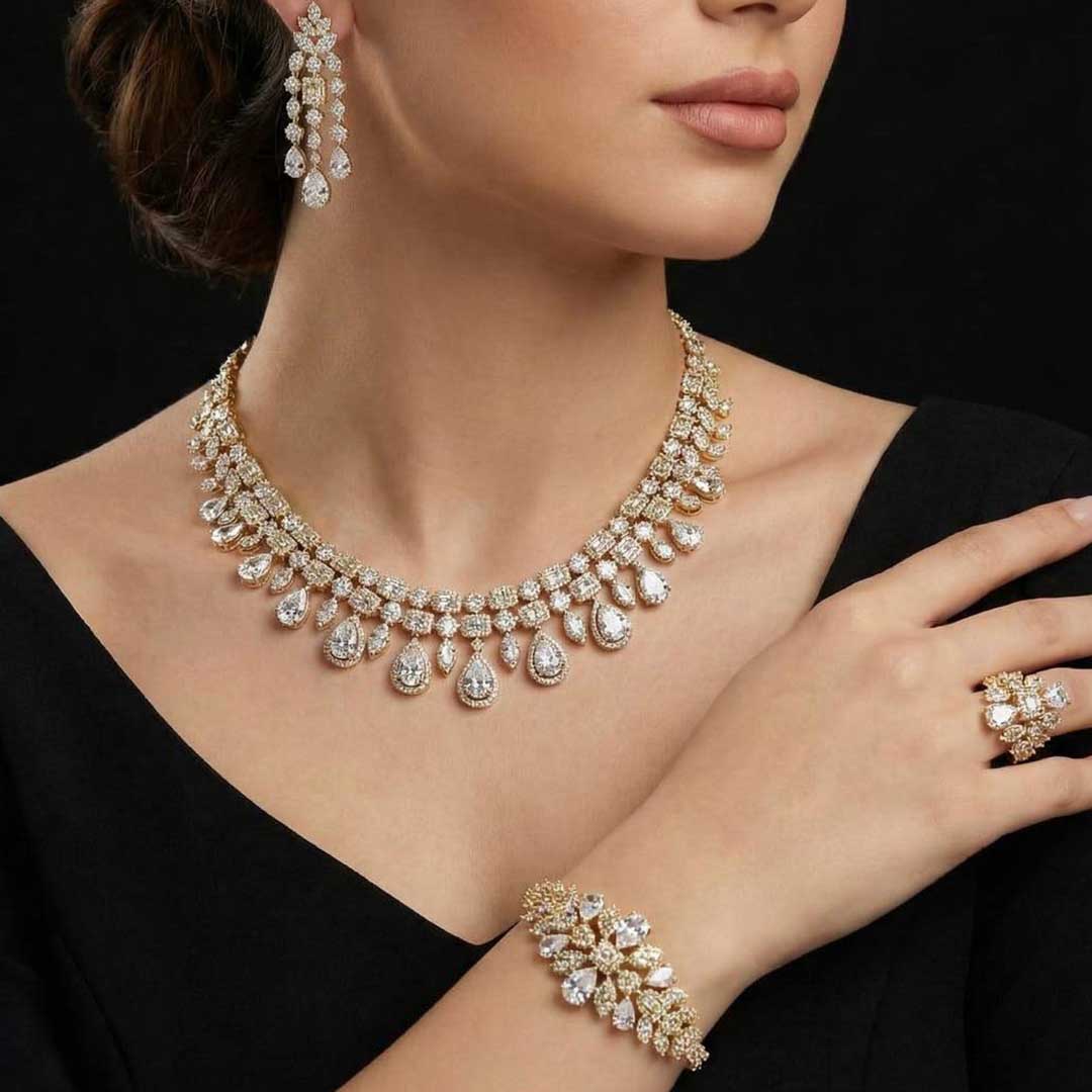 Omnia Adelita Golden Luxury Bridal Full Set in High Quality Zircon Stone Rhodium Plated - OMNIASTORES KSA