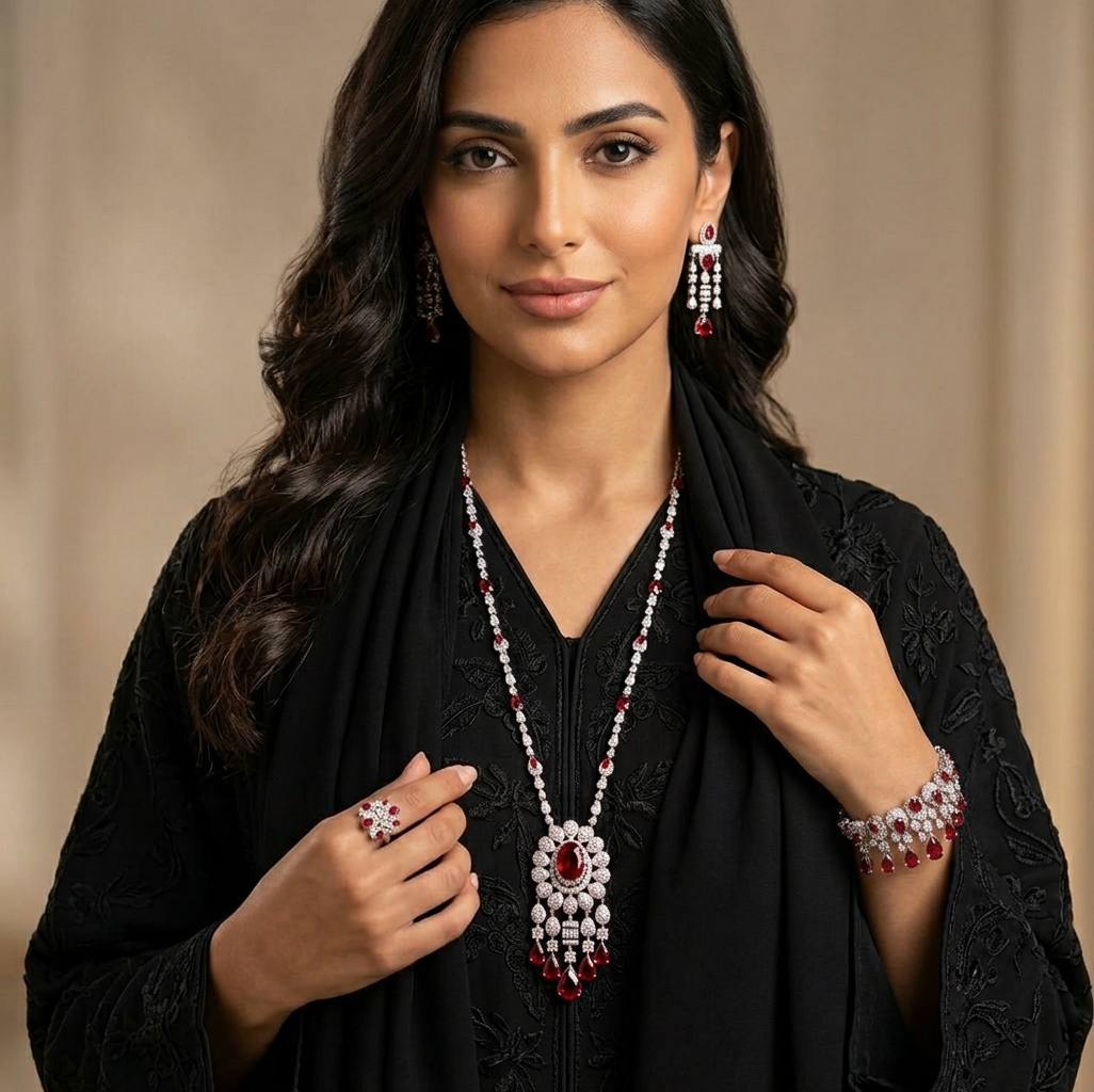 طقم أليا ريد العرائسي الفاخر الكامل، مرصّع بألماس مقلد عالي الجودة ومطلي بالروديوم