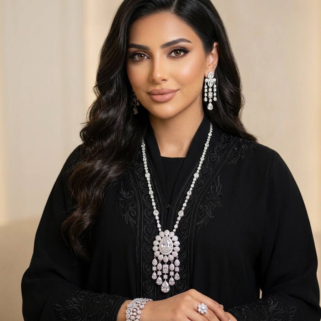 Omnia Aleya White Bridal Full Long chain Set in High Quality Simulated Diamonds - OMNIASTORES KSA
