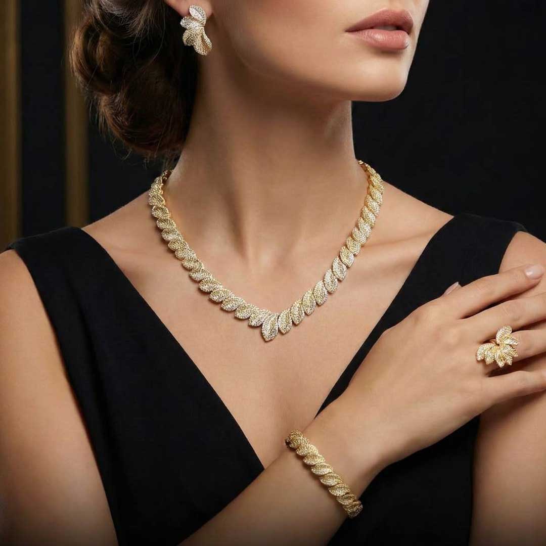 Omnia Alaia Luxury Gold Bridal Full Set in High Quality Zircon Stone Rhodium Plated - OMNIASTORES KSA