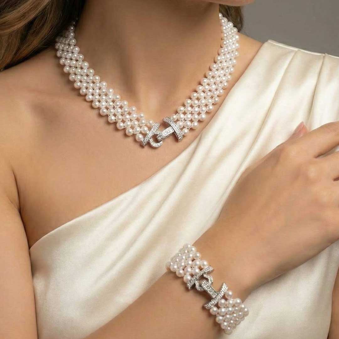 Omnia Alice Fresh Water Pearl Necklace and Bracelet Set with 925 Silver High Quality Simulated Diamonds Stones - OMNIASTORES KSA