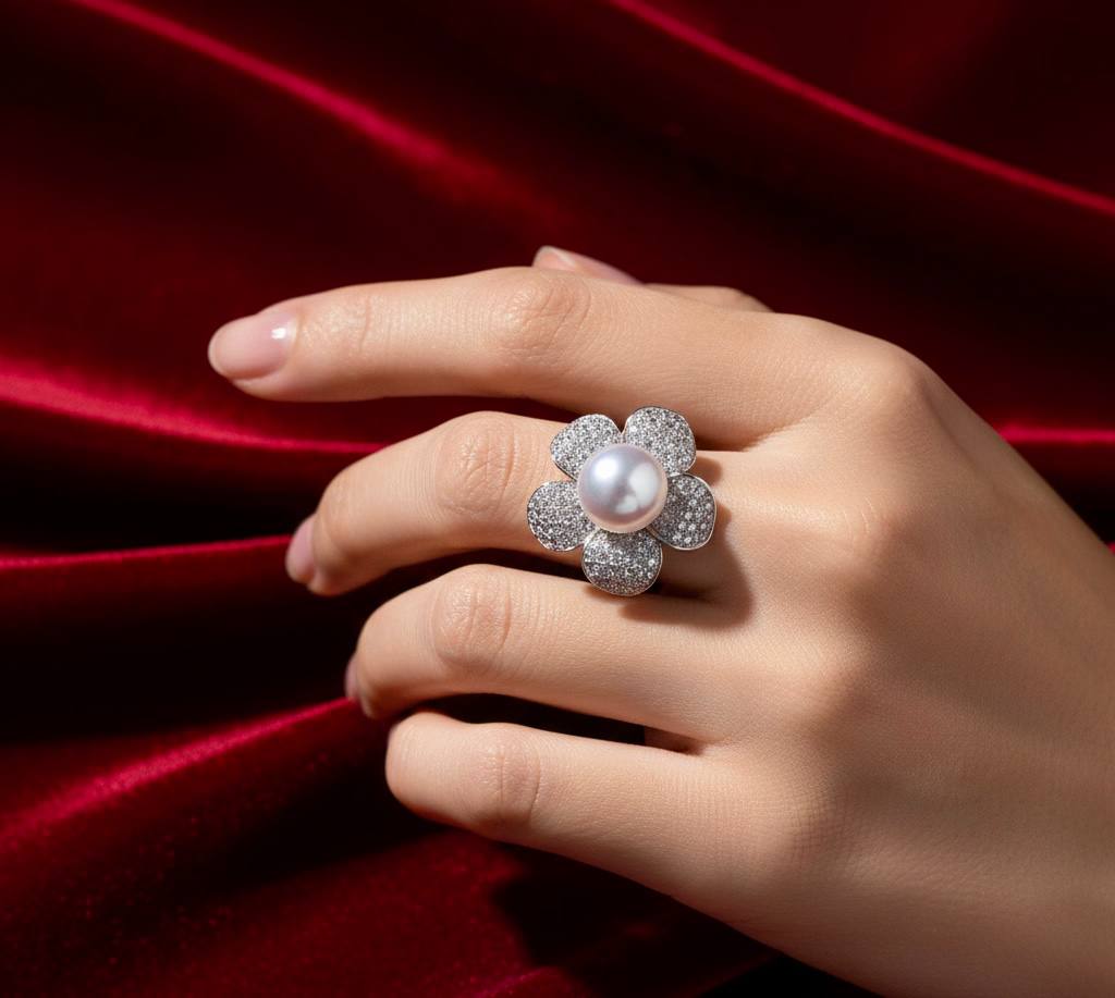 Omnia Najaah Floral Fresh Water Pearl Ring in 925 Silver In High Quality Simulated Diamonds - OMNIASTORES KSA