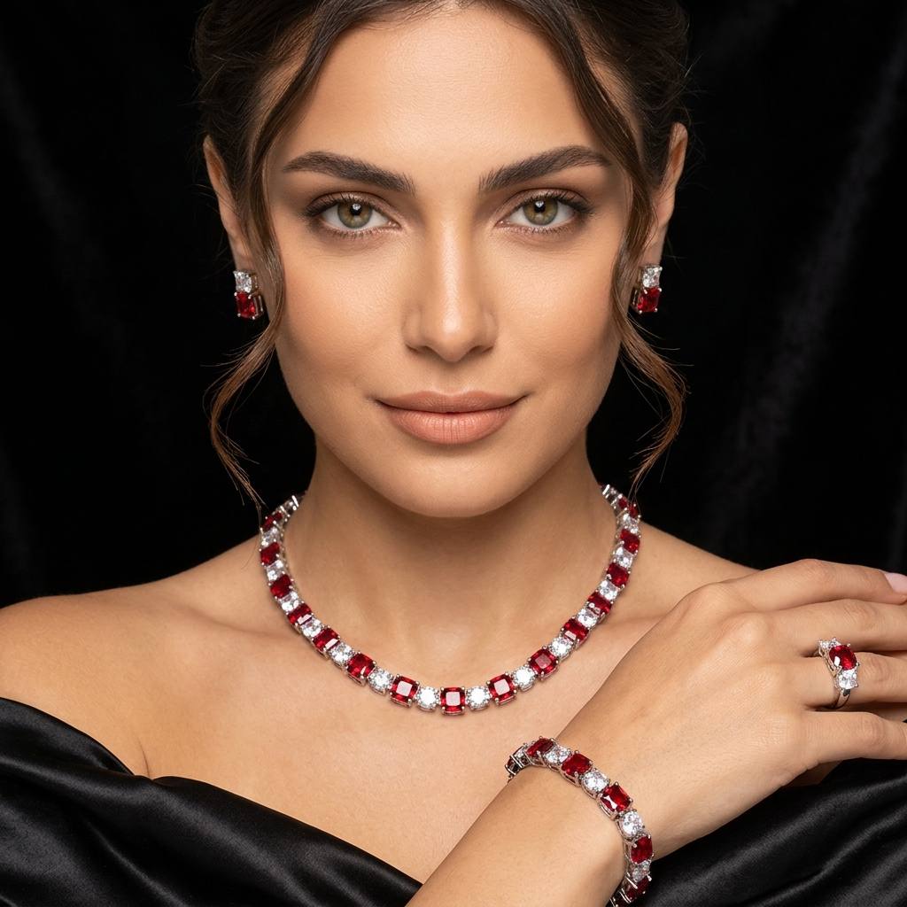 طقم زفاف أومنيا عليا كامل باللونين الأحمر والأبيض مرصع بألماس صناعي عالي الجودة ومطلي بالروديوم