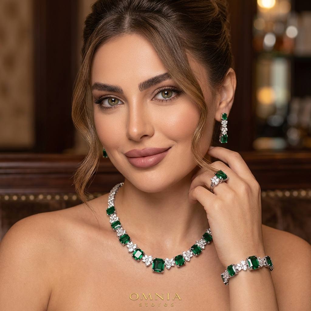 Omnia Amelia Green Bridal Full Set with Emerald and Pear-Cut High-Quality Simulated Diamonds in High-Quality Rhodium Plating - OMNIASTORES KSA