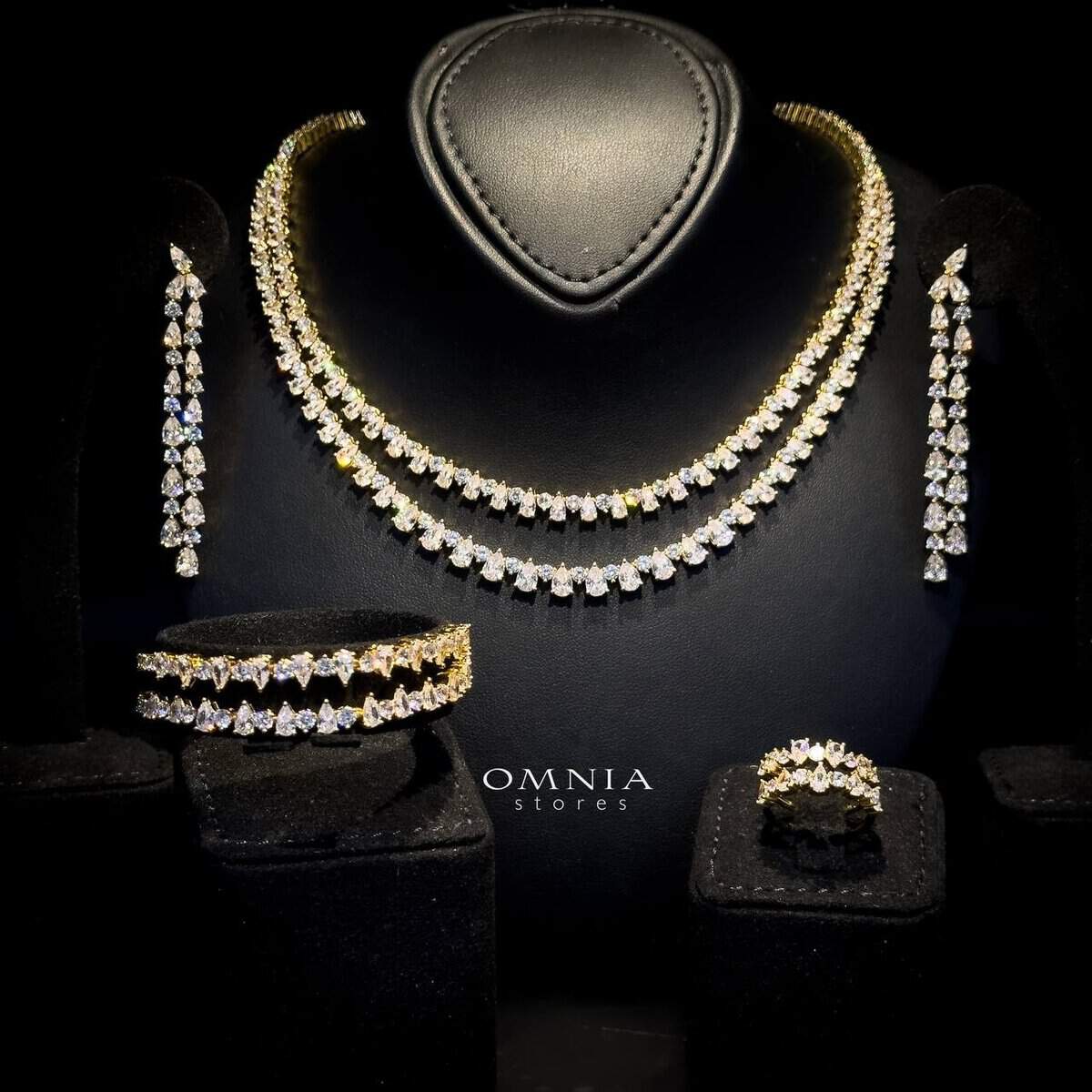 Omnia Aria Golden Bridal Full Set in High Quality Zircon Stone Rhodium Plated - OMNIASTORES KSA
