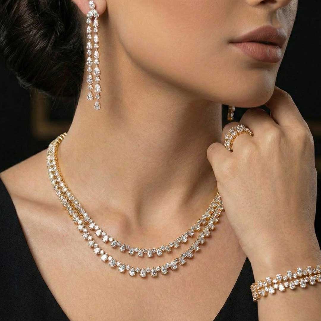 Omnia Aria Golden Bridal Full Set in High Quality Zircon Stone Rhodium Plated - OMNIASTORES KSA