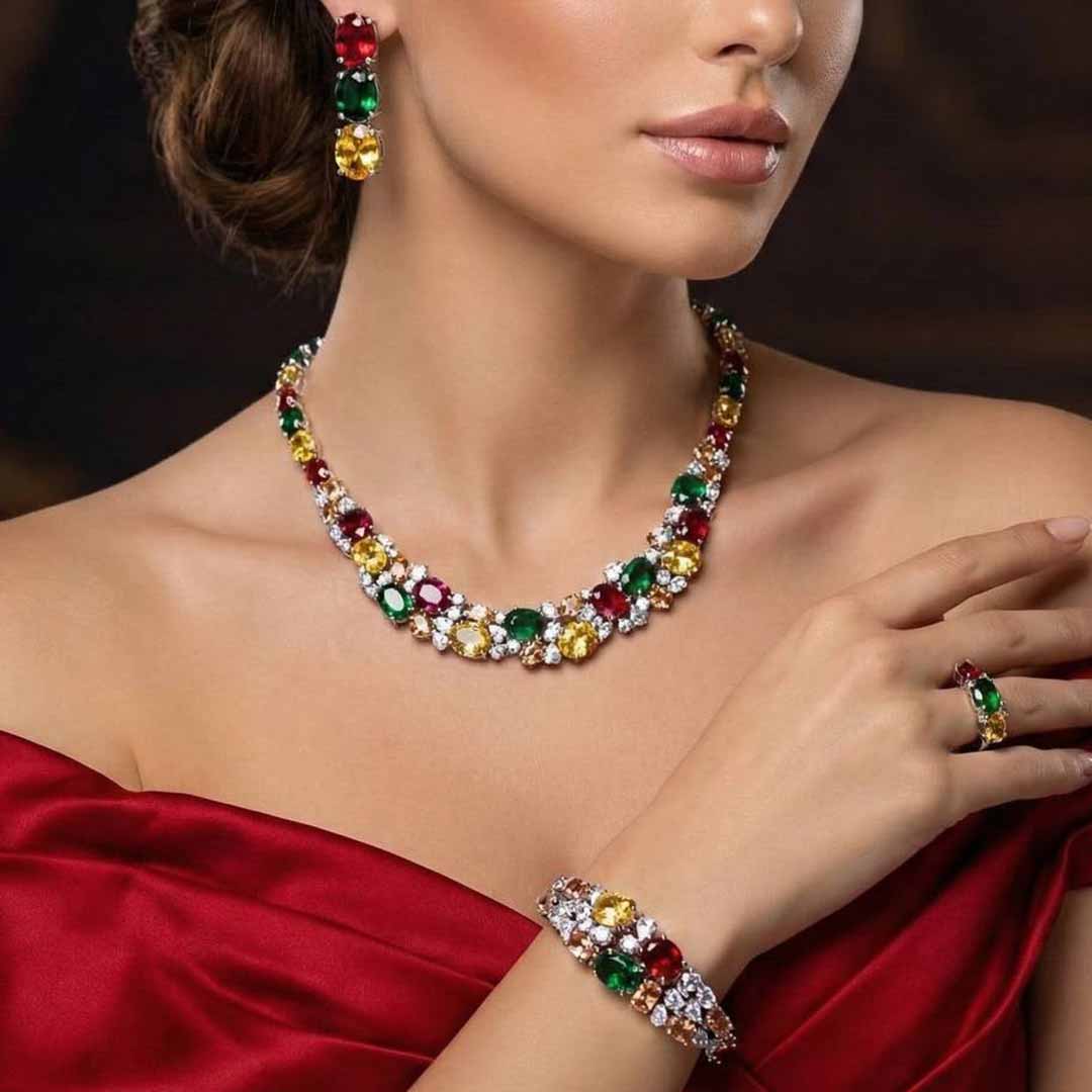 Omnia Artemis Bridal Set in Green Yellow and Red Simulated Diamonds - OMNIASTORES KSA