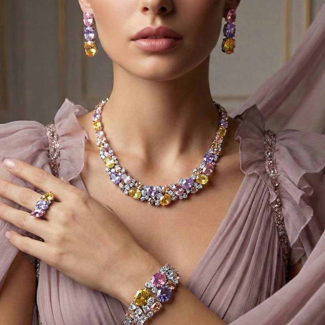 Omnia Artemis Baby Pink Multi-Colored Bridal Set with Round and Oval Cut Simulated Diamonds in High-Quality Rhodium Plated Finish - OMNIASTORES KSA