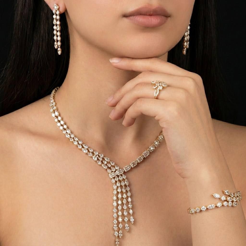 طقم عرائس كامل فاخر من أروين جولد مع ألماس صناعي عالي الجودة مطلي بالروديوم