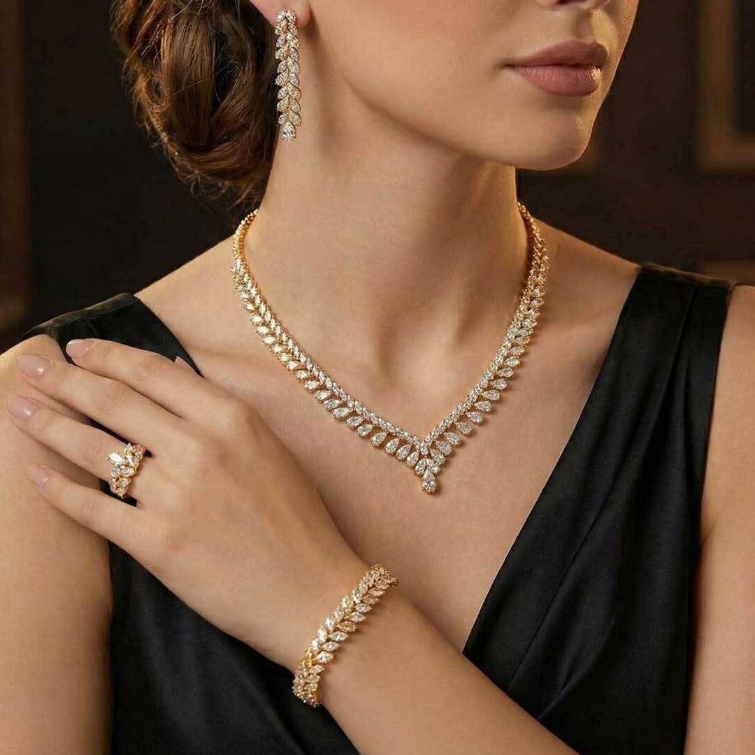 Omnia Aseel Gold Bridal Full Set Accessories in High Quality Zircon Stone Rhodium Plated - OMNIASTORES KSA