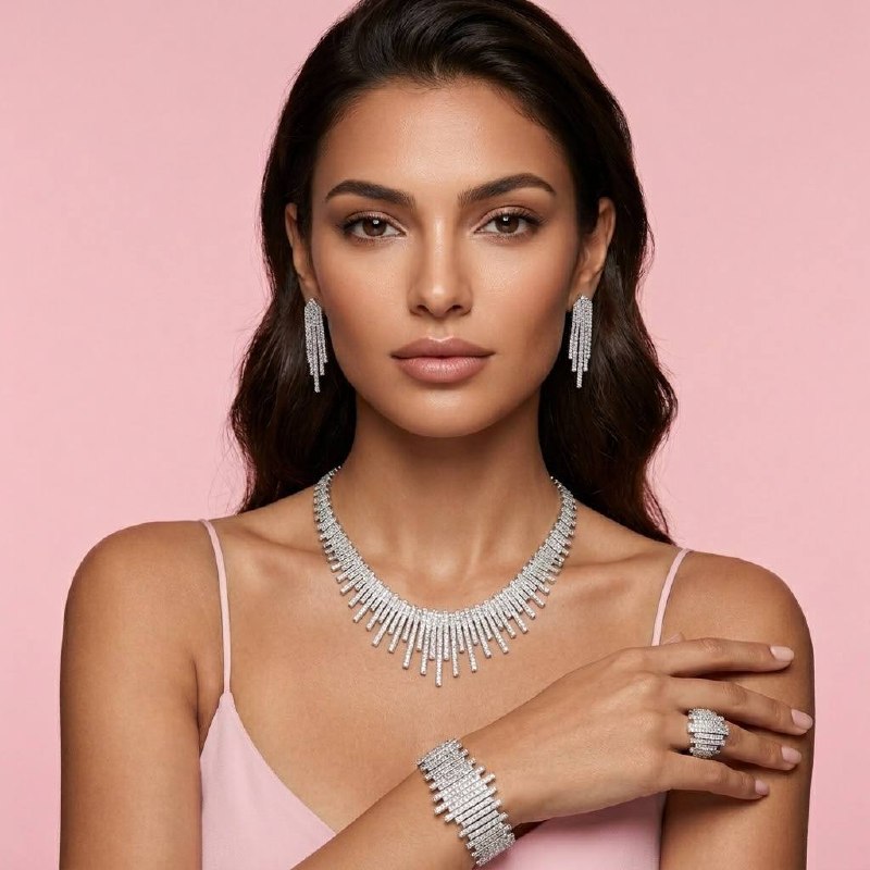 Omnia Ashley White Luxury Bridal Full Set Accessories High Quality Zircon Stone in Rhodium Plated