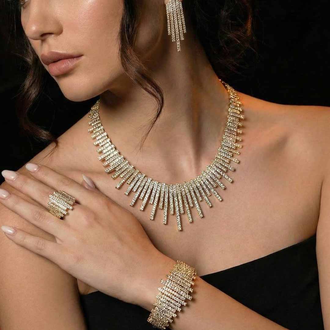 Omnia Ashley Gold Luxury Bridal Full Set Accessories High Quality Zircon Stone in Rhodium Plated - OMNIASTORES KSA