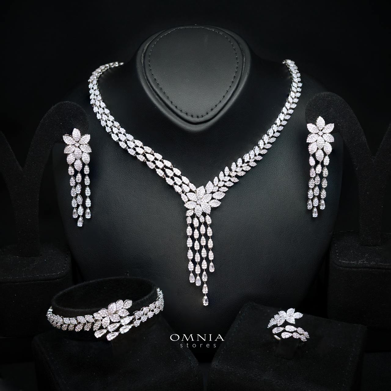 Brianna Luxury White Flower Tassel Drop Bridal Full Set with Premium Zircon Stones, Rhodium-Plated Finish
