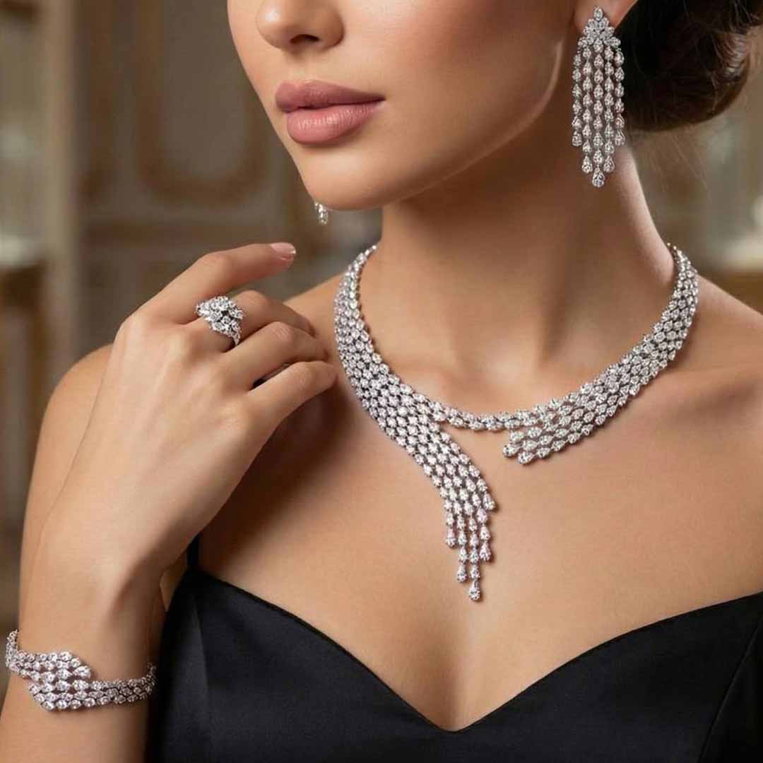 Omnia Beretta Luxury White Bridal Full Set in High Quality Zircon Stone Rhodium Plated - OMNIASTORES KSA