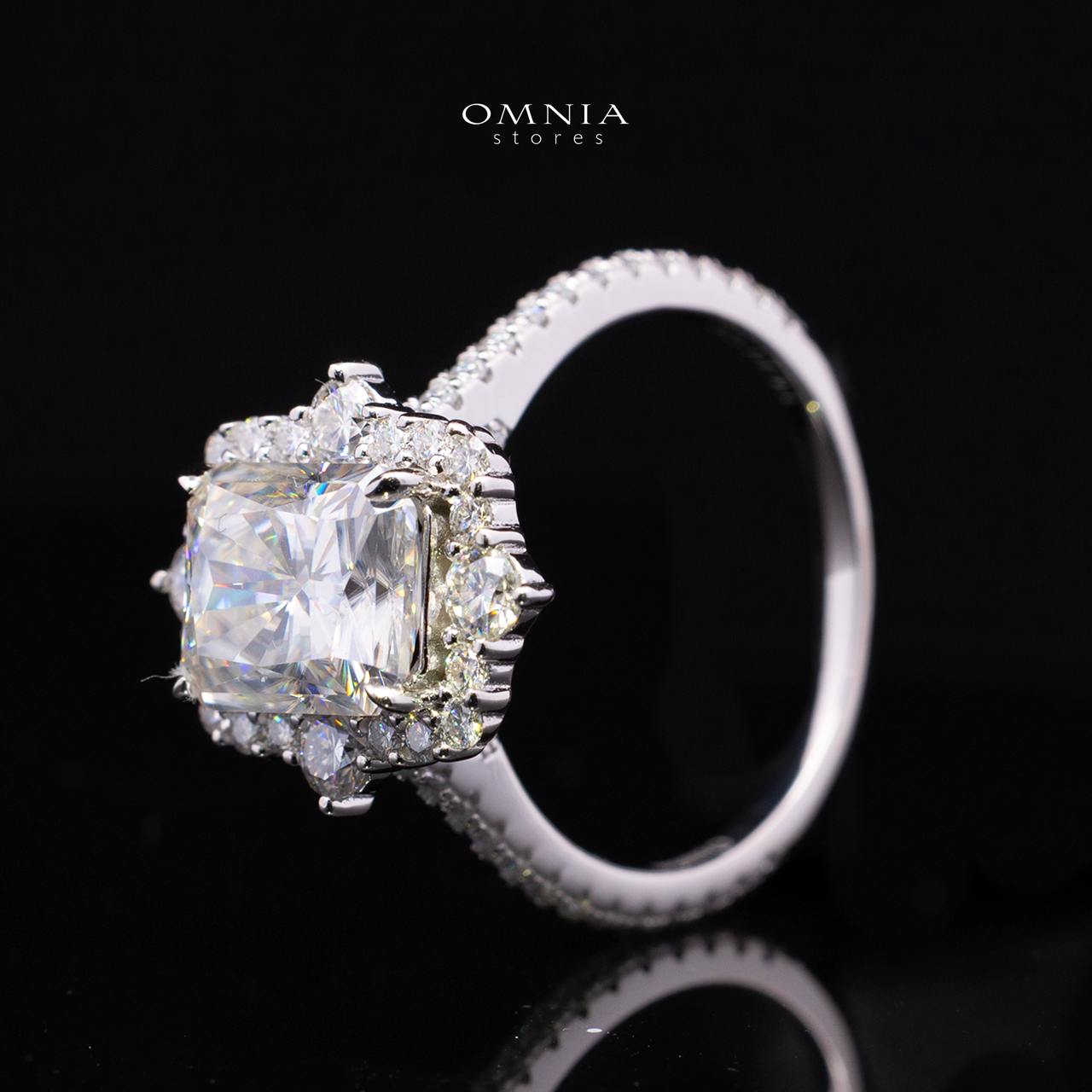 Nuwaira White Moissanite Radiant Halo Ring with Pavé Band – GRA Certified, 8x10mm (4ct), Rhodium-Plated 925 Sterling Silver