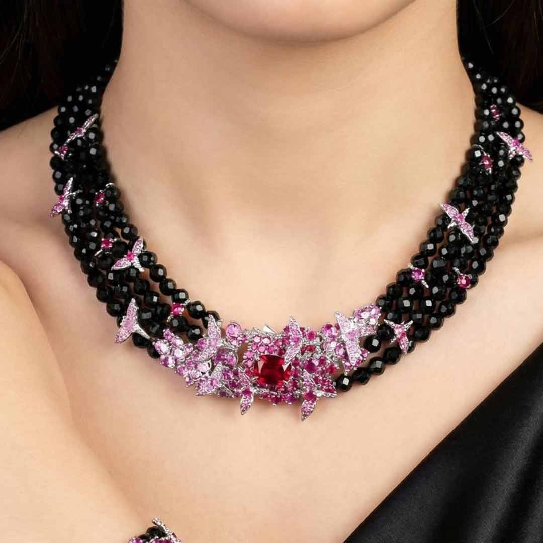 Omnia Blossom Black Beads Necklace in 925 Silver with High Quality Simulated Diamonds