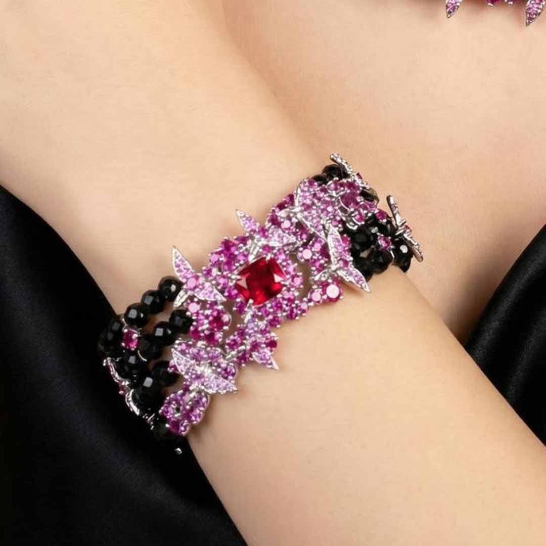 Omnia Blossom Black Beads Bracelet in 925 Silver with High Quality Simulated Diamonds