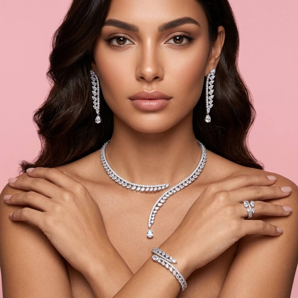 Catalina Elegant White Cascading Leaf Drop Bridal Full Set with High-Quality Premium Zircon Stones, Rhodium-Plated Finish