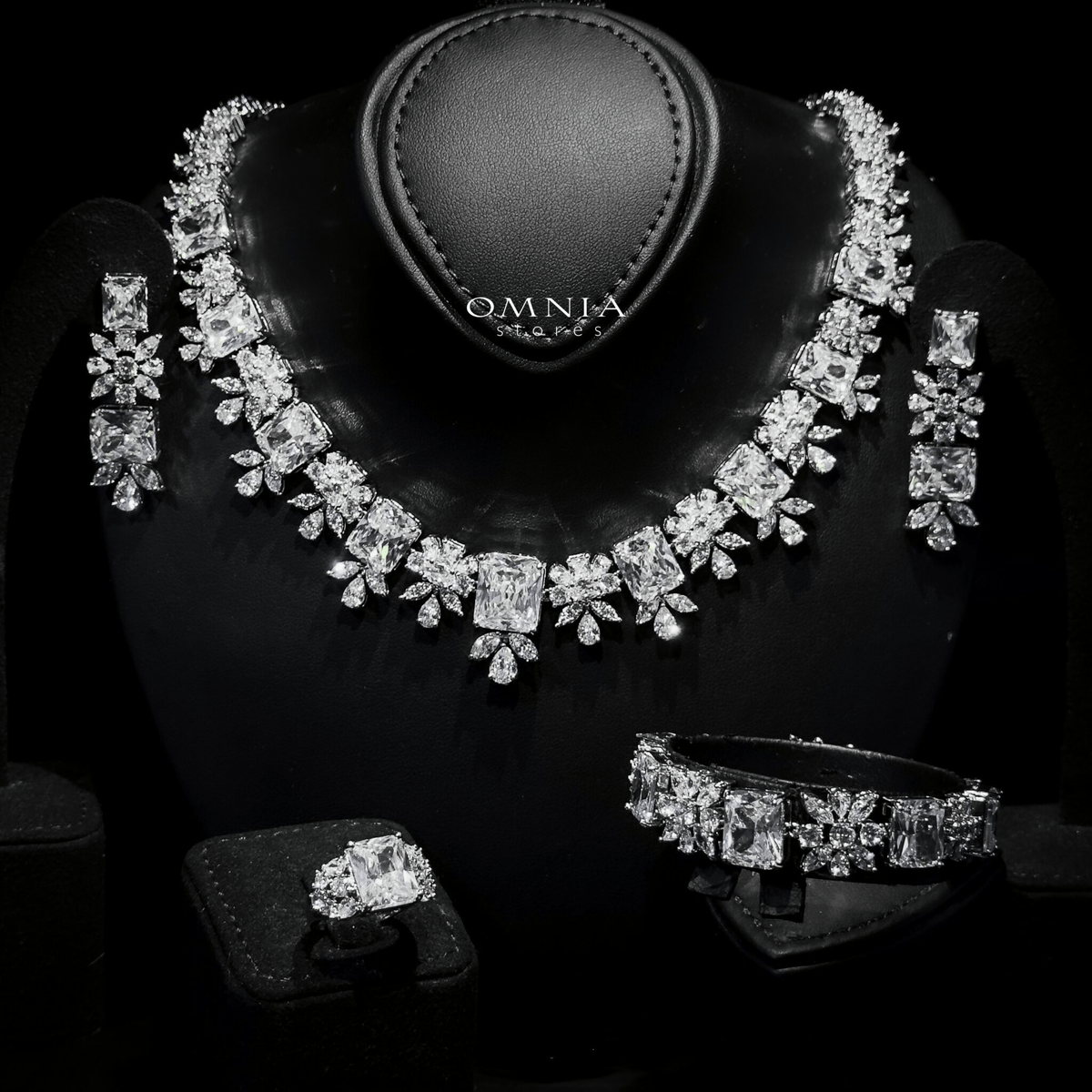 Omnia Charlotte Pure White Bridal Full Set with Emerald and Pear-Cut High Quality Simulated Diamonds Premium Rhodium Plated - OMNIASTORES UAE