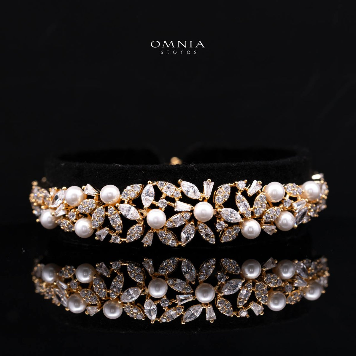 Fadwa Gold Tone Pearl Luxury Bridal Full Set Accessories in High Quality Zircon Stone, Rhodium Plated