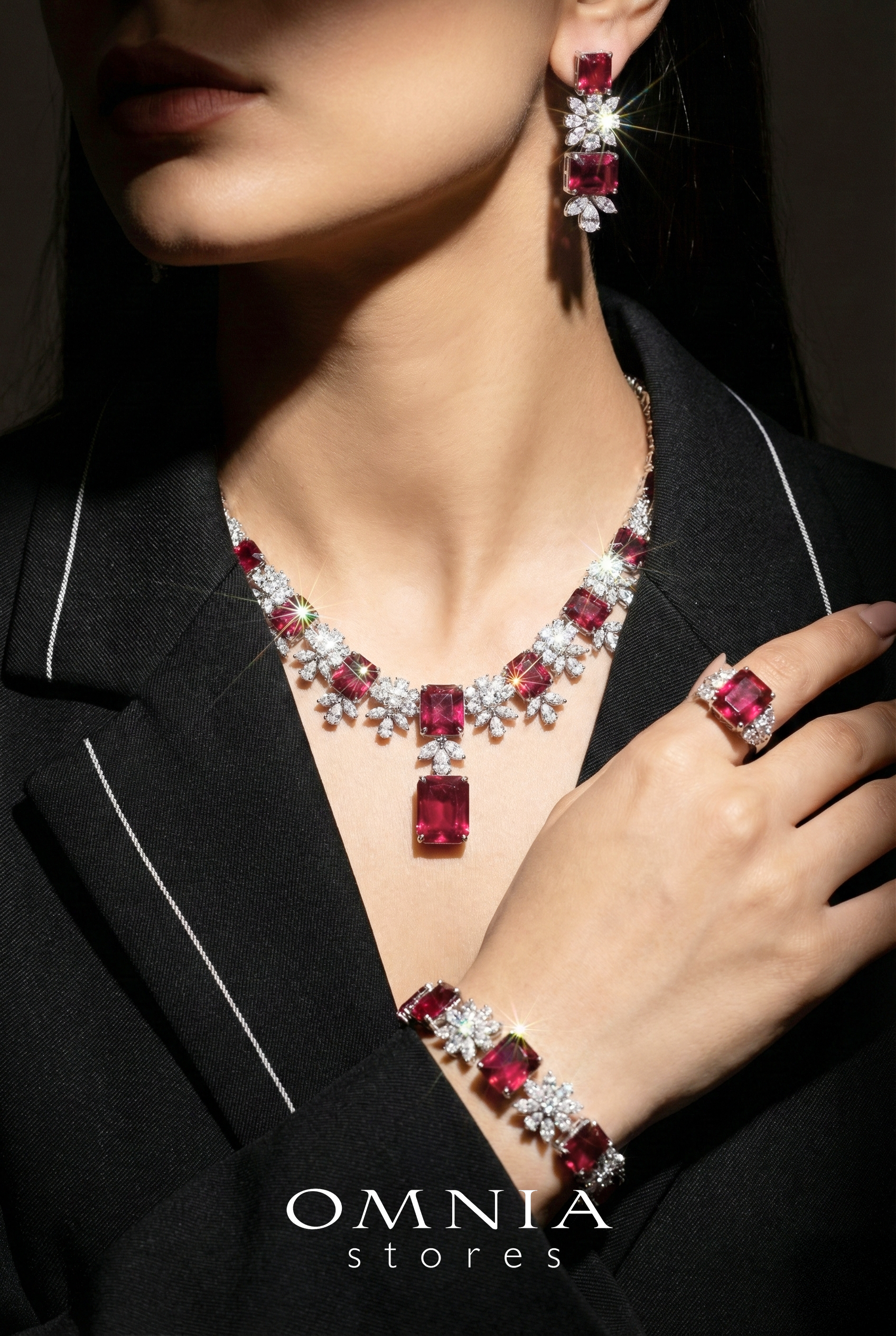 Omnia Charlene Red Bridal Full Set with Radiant and Pear-Cut High-Quality Simulated Diamonds Rhodium Plated - OMNIASTORES KSA