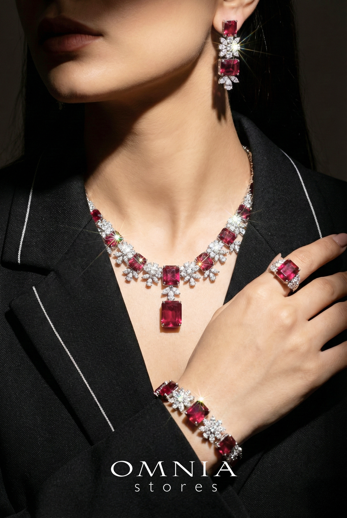 Omnia Charlene Red Bridal Full Set with Radiant and Pear-Cut High Quality Simulated Diamonds Premium Rhodium Plated - OMNIASTORES UAE