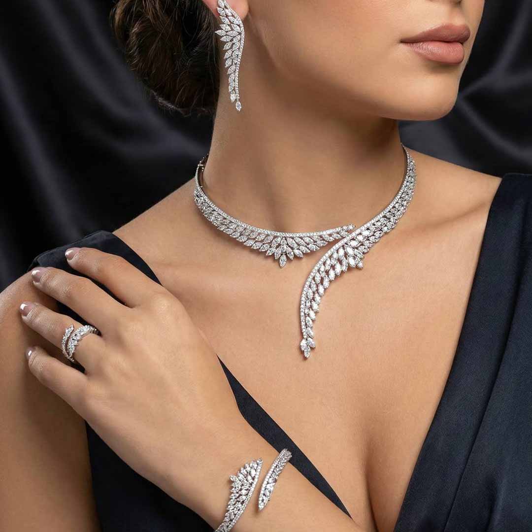 Omnia Claire Luxury White Bridal Full Set in High Quality Zircon Stone Rhodium Plated - OMNIASTORES KSA