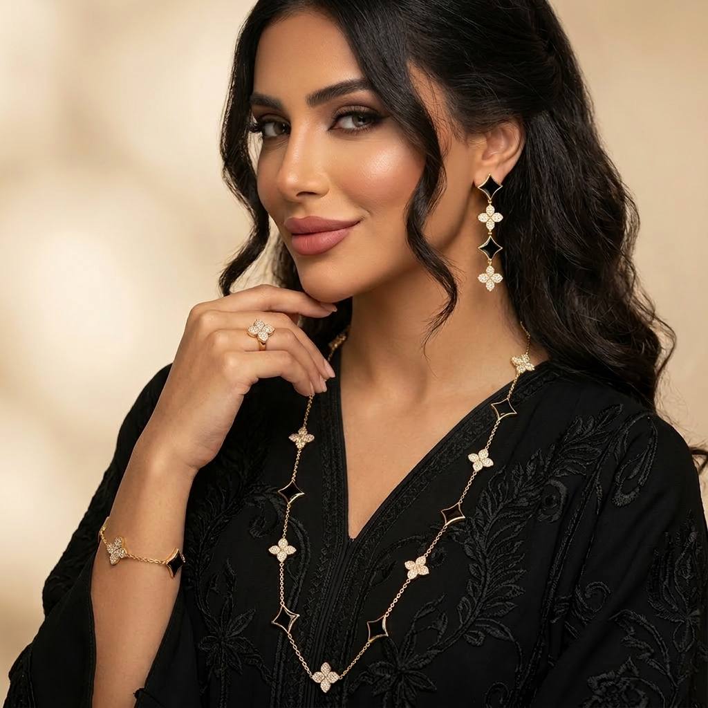 Omnia Golden Clove Black Long Chain Full Set with High-Quality Simulated Diamonds 18k Gold Plated 100cm - OMNIASTORES KSA