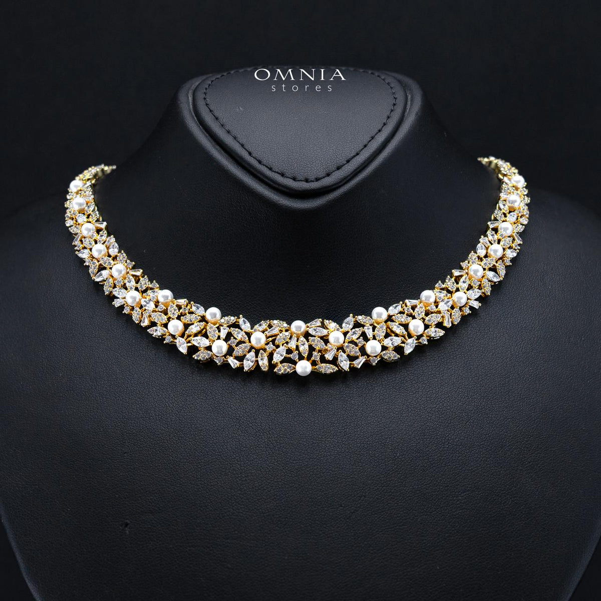 Fadwa Gold Tone Pearl Luxury Bridal Full Set Accessories in High Quality Zircon Stone, Rhodium Plated