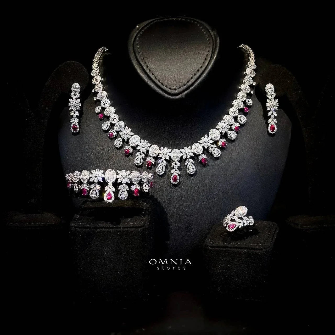 Omnia Trisha Maroon Full set Accessories in High Quality Zircon Stone in Rhodium Plated - OMNIASTORES UAE