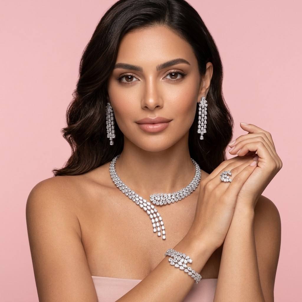 Daniyah Elegant White Floral Vine Tassel Bridal Full Set with Premium Zircon Stones, Rhodium-Plated Finish