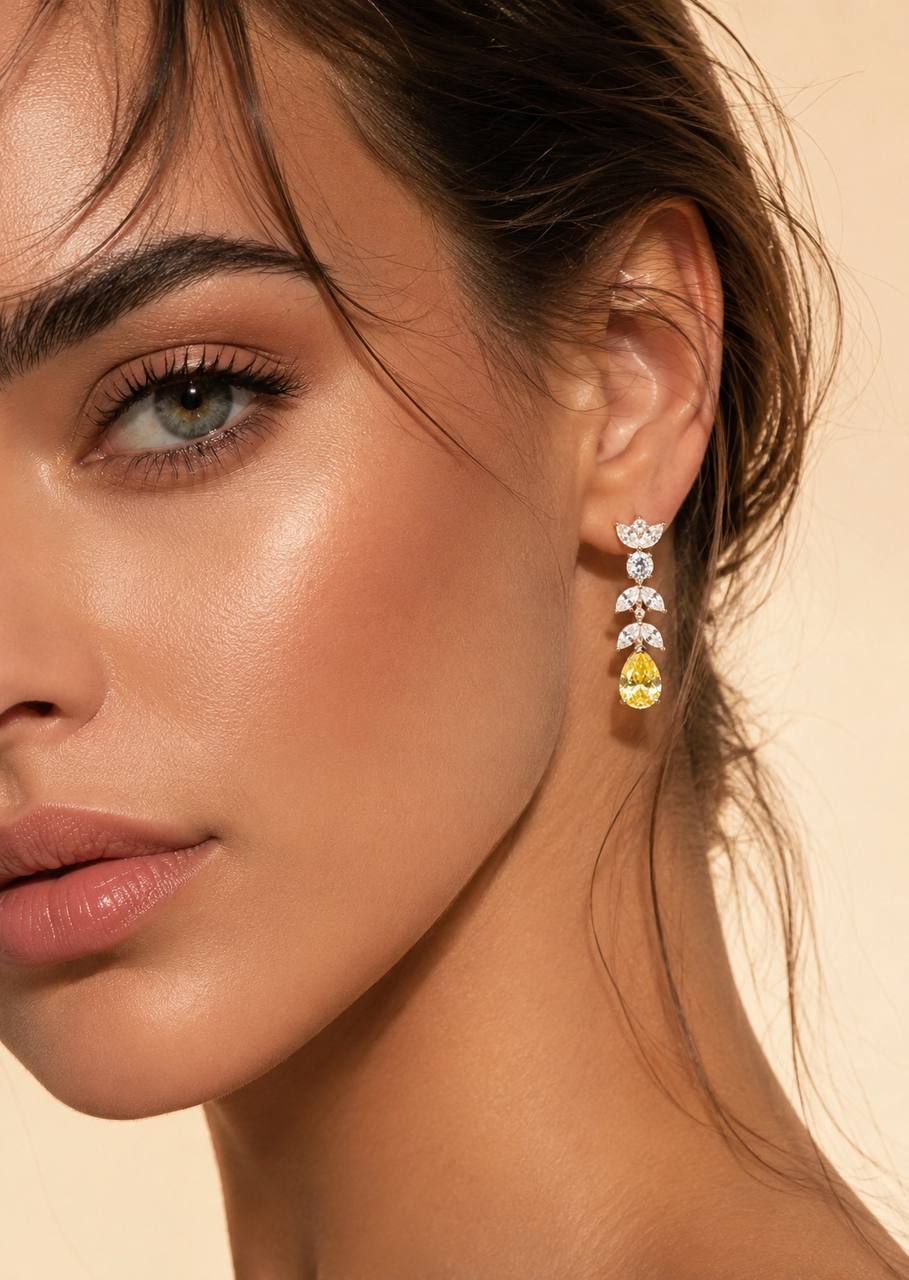 Omnia Dia White and Yellow Drop Earrings With High Quality Simulated Diamonds In 925 Silver - OMNIASTORES KSA