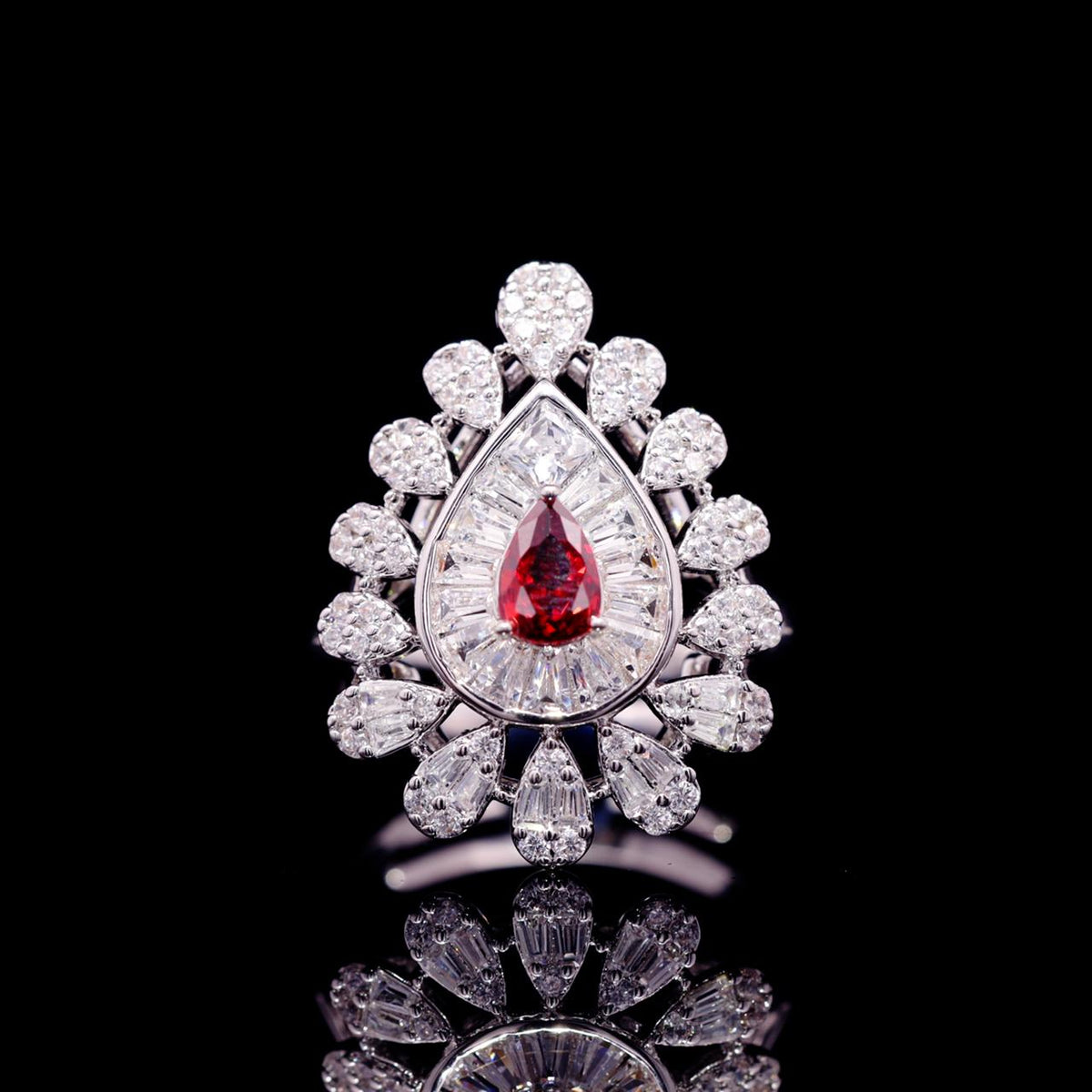 Omnia Ahad Bridal Red Long Chain Set in Rhodium Plated With High-Quality Zircon Stones