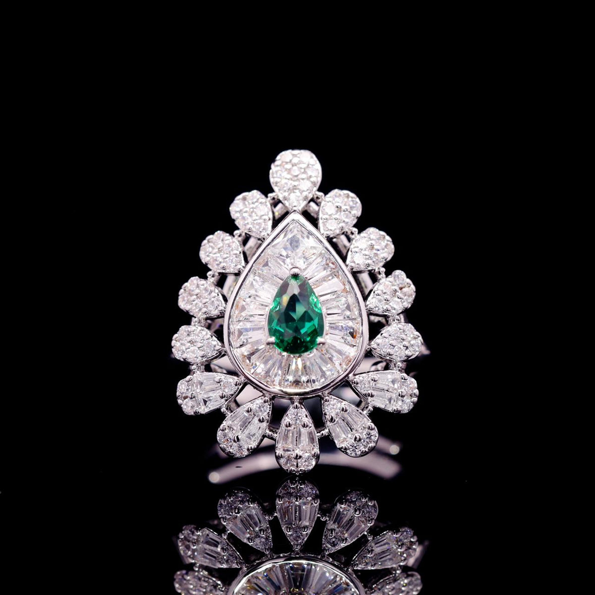 Omnia Ahad Bridal Green Long Chain Set In Rhodium Plated With High Quality Zircon Stones