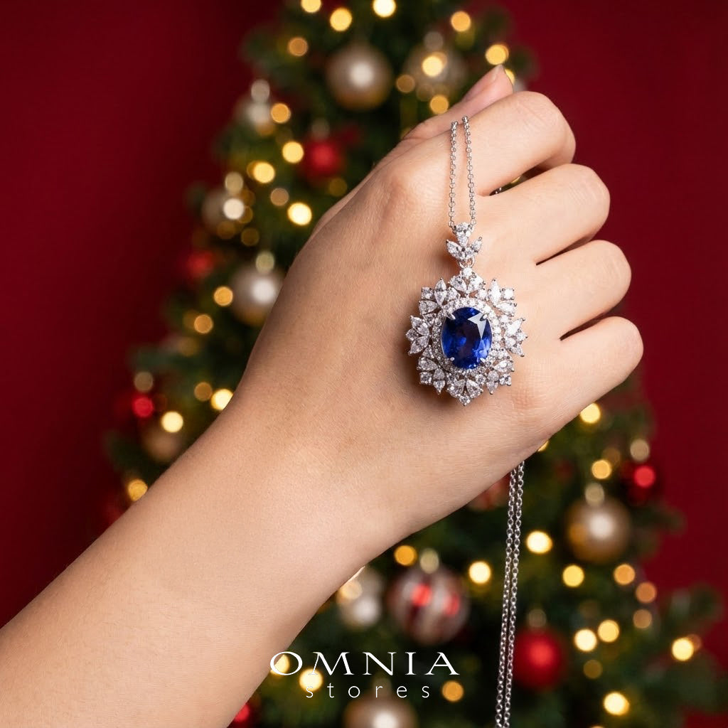 Omnia Esma Silver Necklace and Earrings Set in 925 Silver With High Quality GRC Certified Sapphire Blue Lab Grown Stones