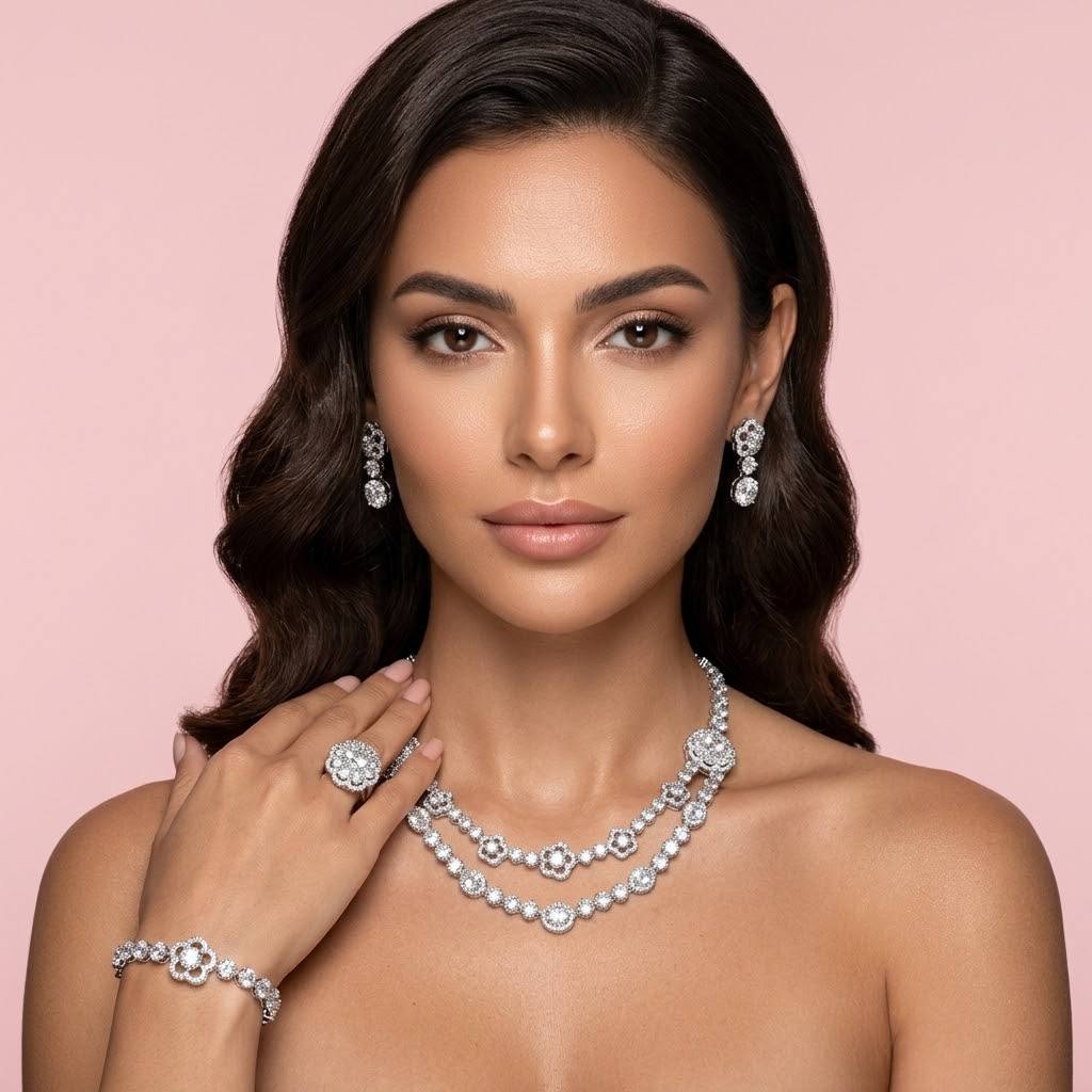 Omnia Esra White Luxury Bridal Full Set in High Quality Simulated Diamond Rhodium Plated - OMNIASTORES KSA