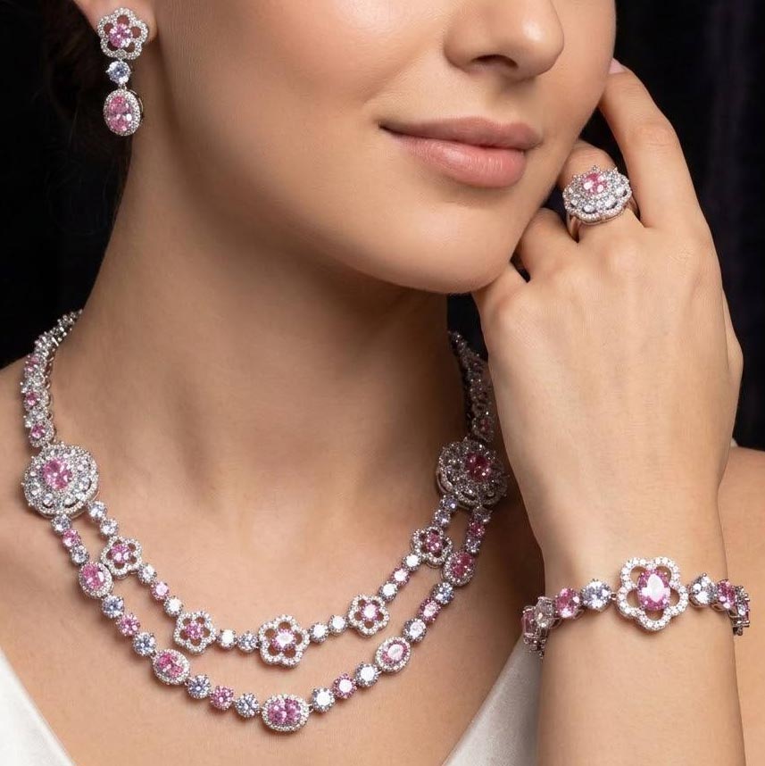 Omnia Esra Pink Luxury Bridal Full Set in High Quality Simulated Diamond Rhodium Plated