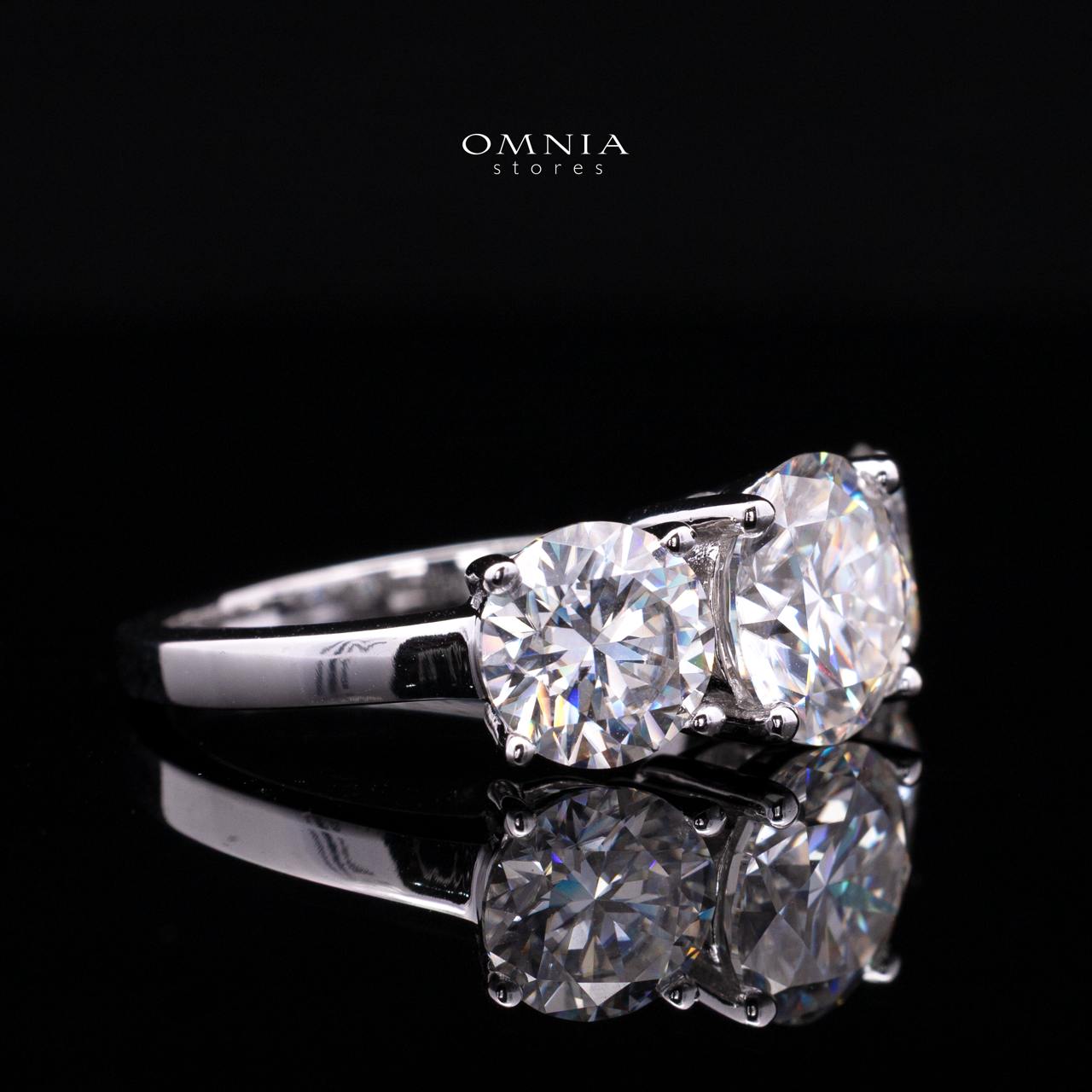 Savannah White Moissanite Three-Stone Ring – RD 8mm (2ct) Center with RD 6.5mm (1ct) Side Stones, Rhodium-Plated 925 Sterling Silver