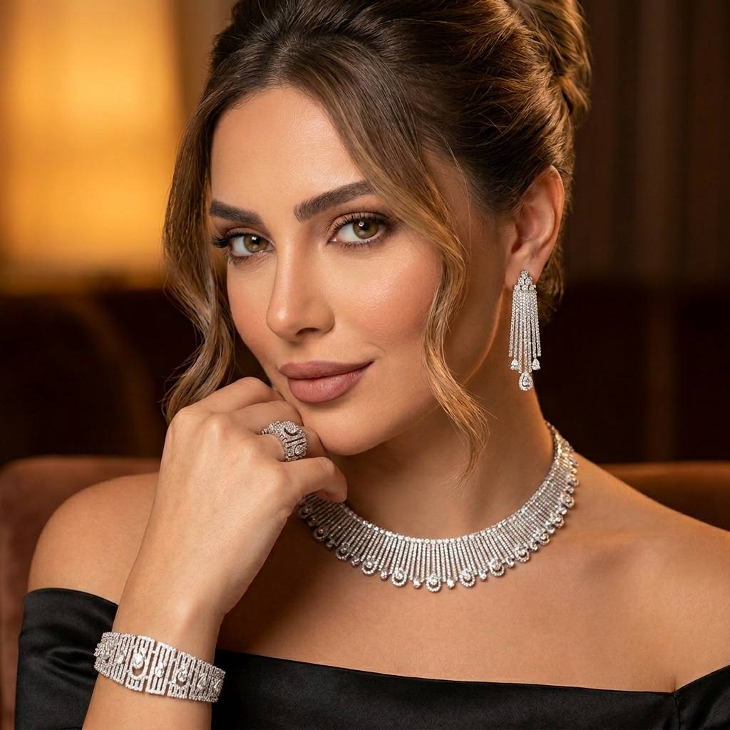طقم كاثرين الفاخر للعرائس – فصوص زركون بريميوم مع طلاء الروديوم