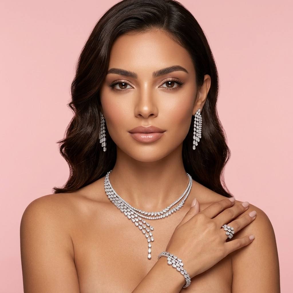 Fidha White Luxury Bridal Full Set in High Quality Rhodium Plated Zircon Stones