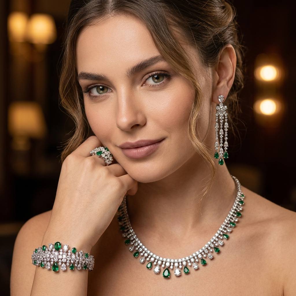 Omnia Nisrine Green Luxury Bridal Full Set in High Quality Zircon Stone Rhodium Plated - OMNIASTORES KSA
