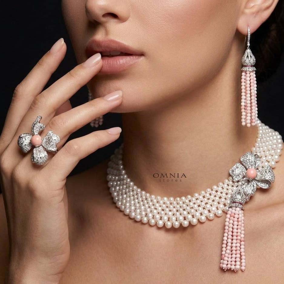 Omnia Ghadir Full Set with Fresh water Pearls and Pink Tassel Accents in 925 Silver High Quality Simulated Diamonds - OMNIASTORES KSA