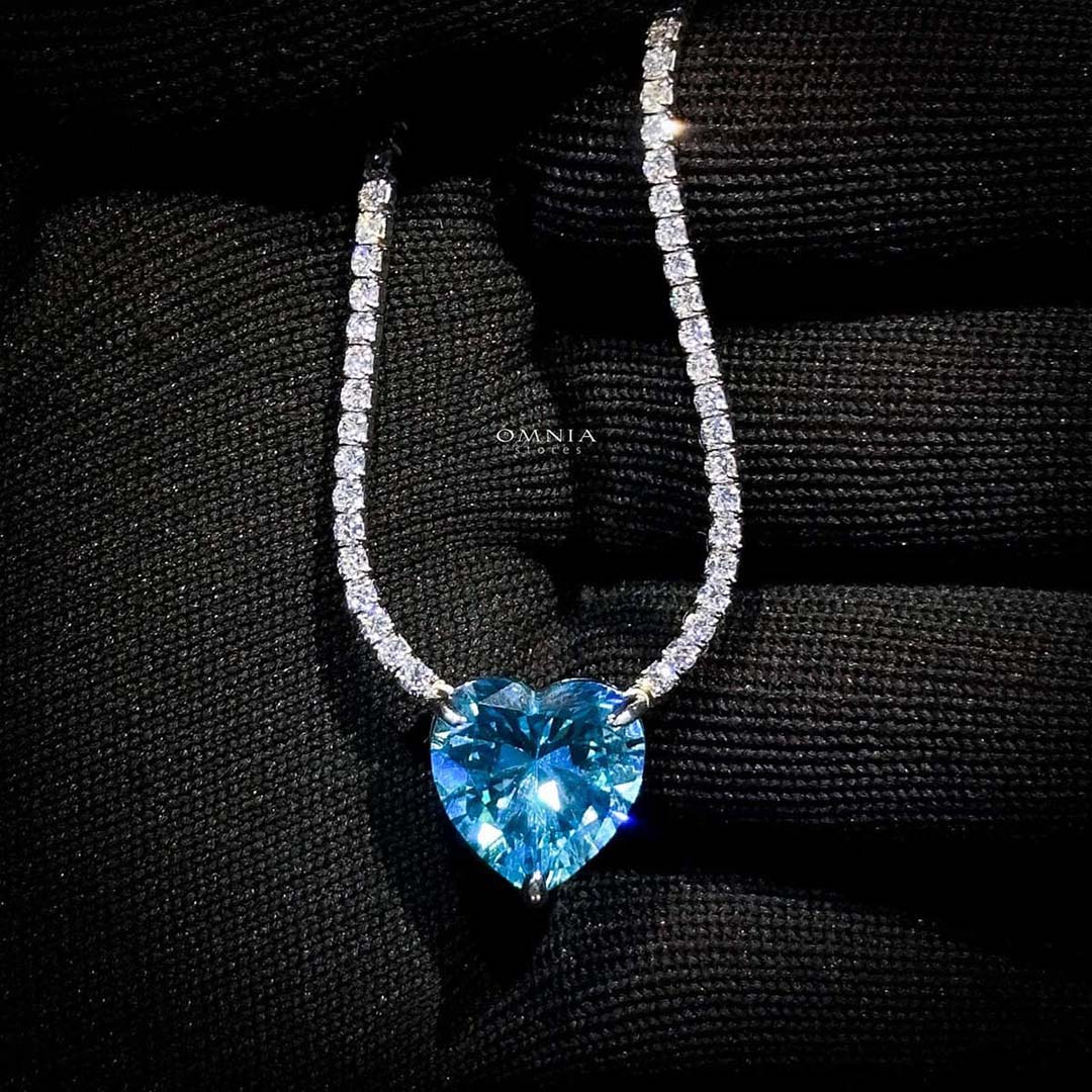 Omnia Heart Sky Blue Necklace 92.5 Pure Silver Jewelry in High Quality Simulated Diamonds