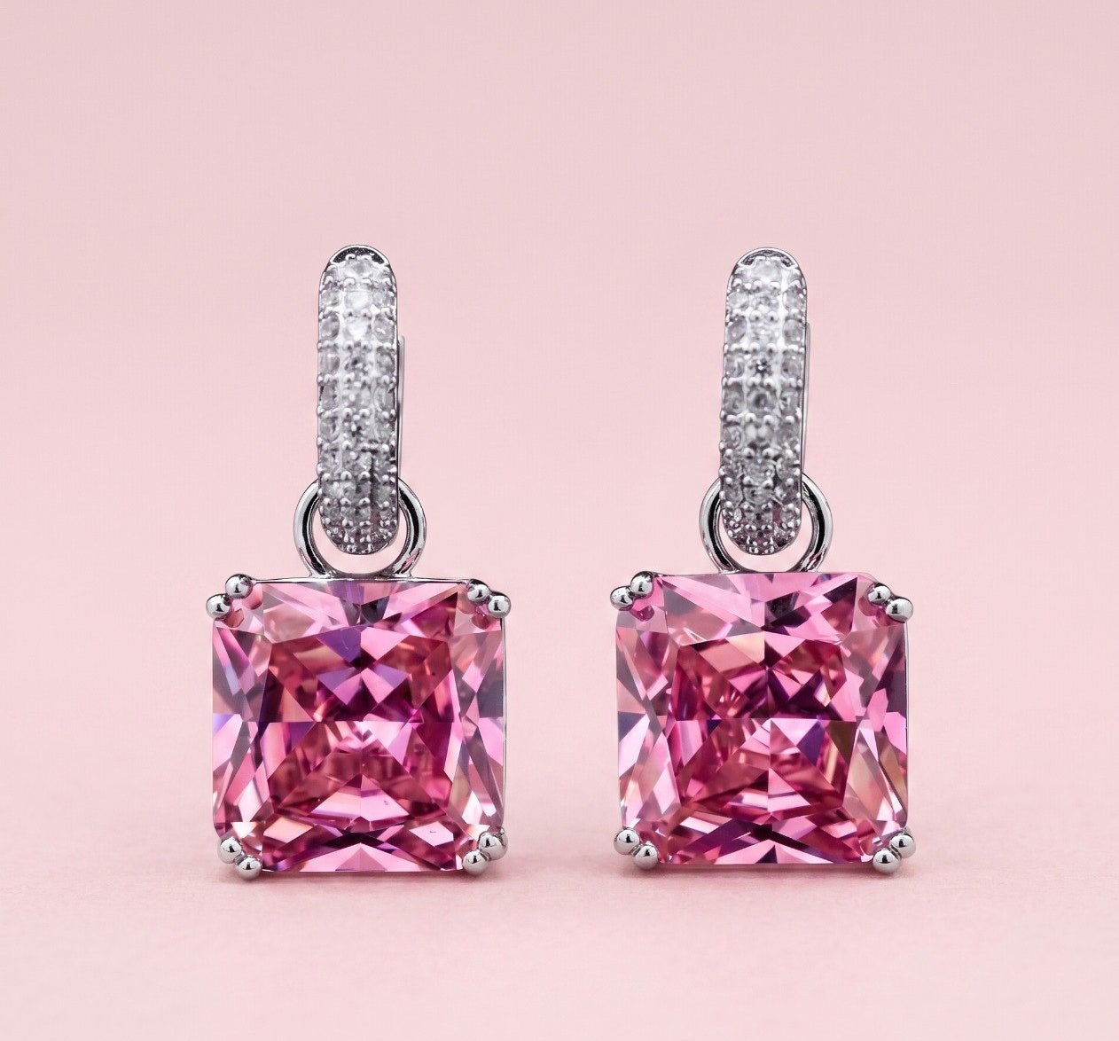 Omnia Helen Cushion Cut Drop Earrings with Pink Zircon in High Quality Rhodium Plated - OMNIASTORES KSA