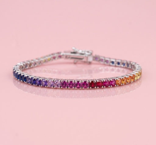 Omnia Tasneem Multi-Colored Tennis Bracelet 2.5mm in 92.5 Silver with High-Quality Simulated Diamonds - OMNIASTORES KSA