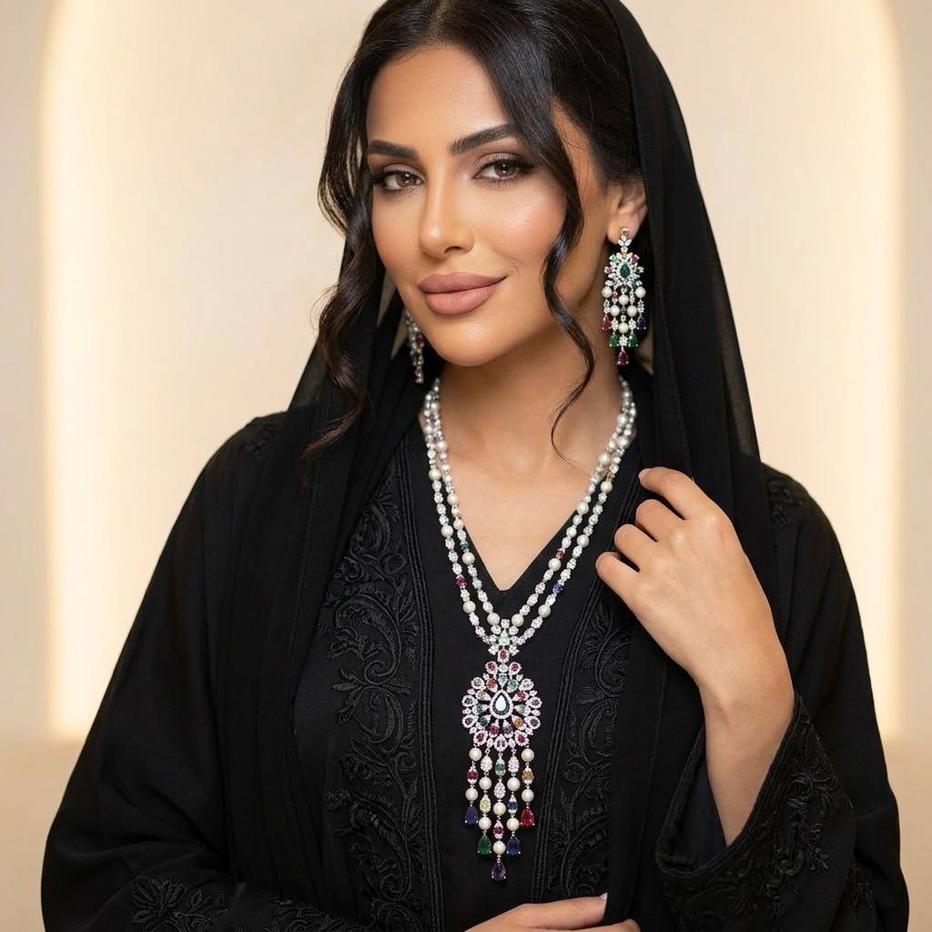 Omnia Inas White Long Chain Full Set Accessories In High Quality Zircon Stone Rhodium Plated - OMNIASTORES KSA