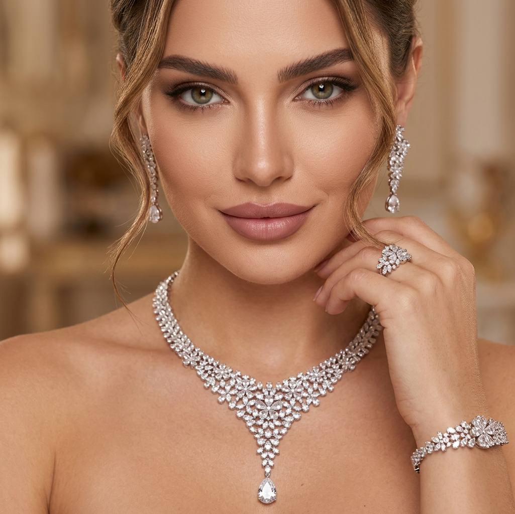 أمنية طقم كارلا عرايس ملكي فخم مرصع بأحجار الزيركون نخب أول ومطلي بالروديوم