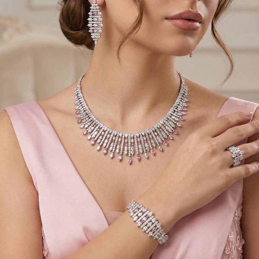 Omnia Lana Pink Bridal Full Set in High Quality Zircon Stone Rhodium Plated - OMNIASTORES KSA
