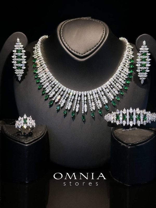 Omnia Lana Green Bridal Full Set in High Quality Zircon Stone Rhodium Plated - OMNIASTORES UAE